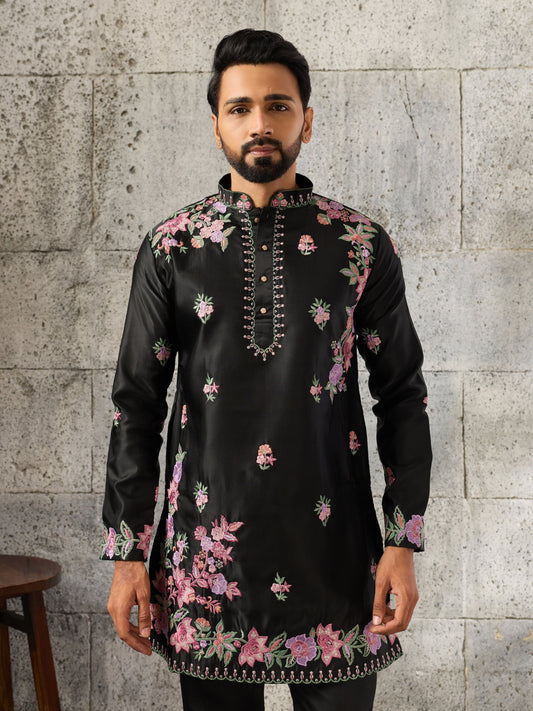 Luxury Black Silk Thread Sequence Kurta Bell Bottom Set