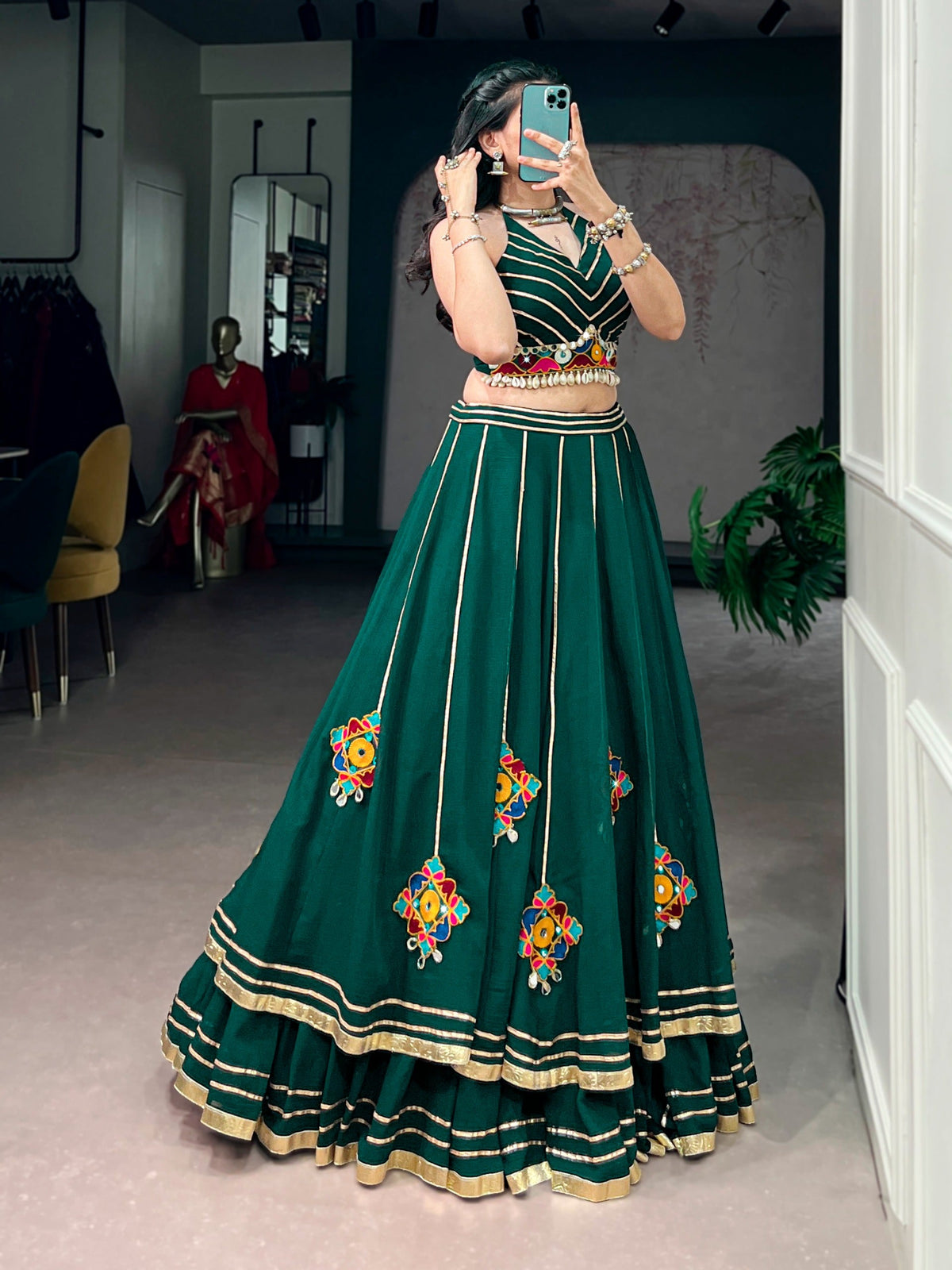 Green Gamthi Work Lehenga Choli for Dandiya Festival