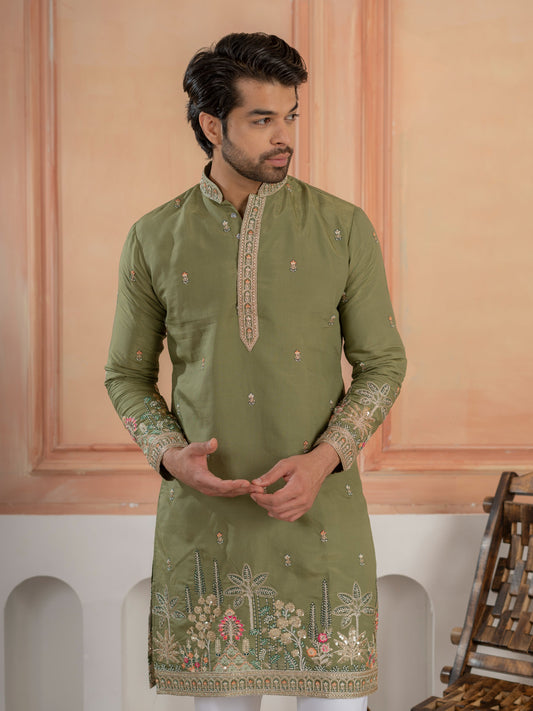 Designer Green Multi Colour Embroidery Golden Sequence Work Kurta Set