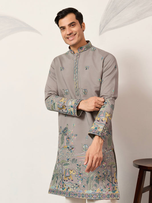 Wedding Traditional Look Grey Kurta for Mens Wear