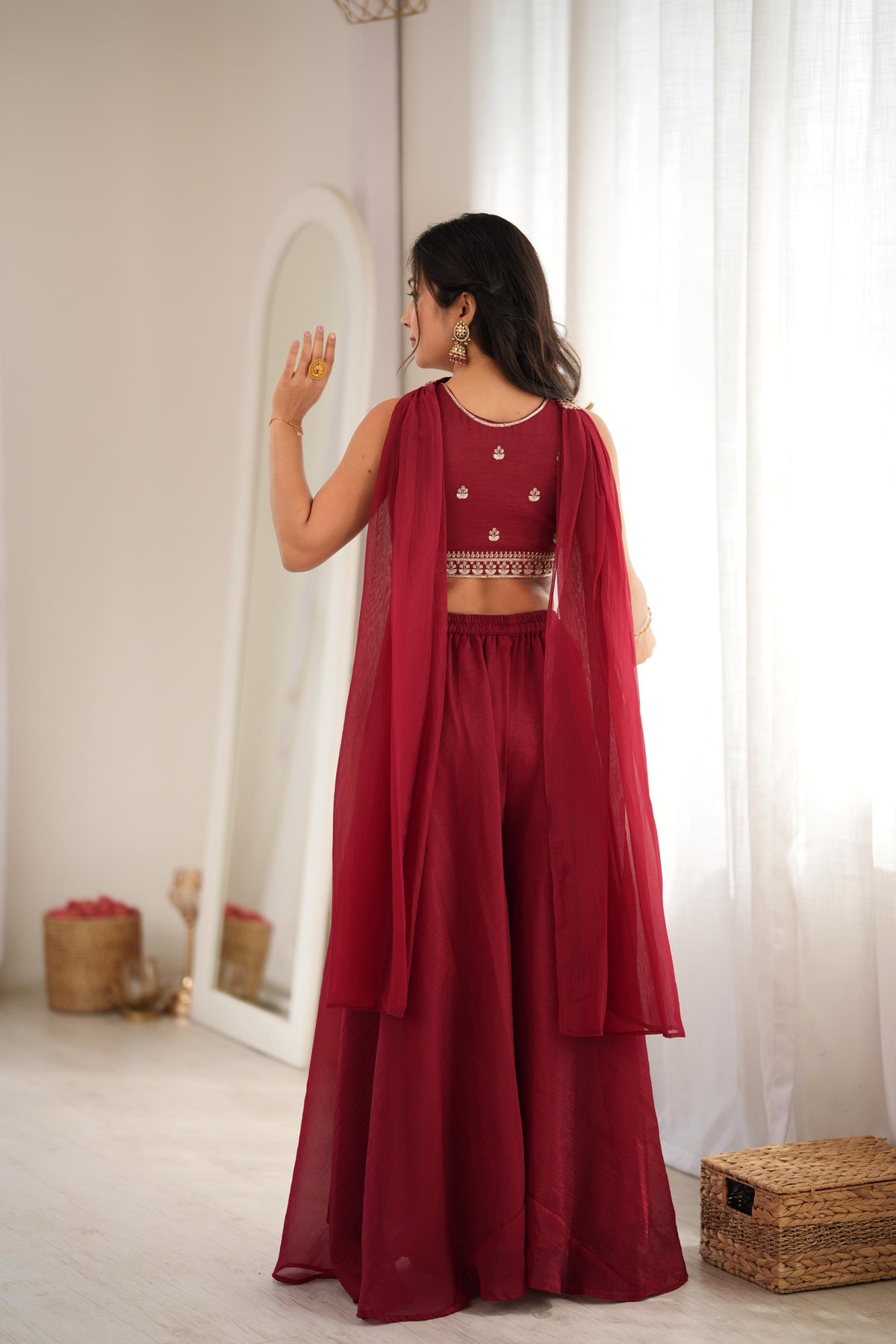 Designer Maroon Crunchy Silk Embroidered Work Crop Top Palazzo Set