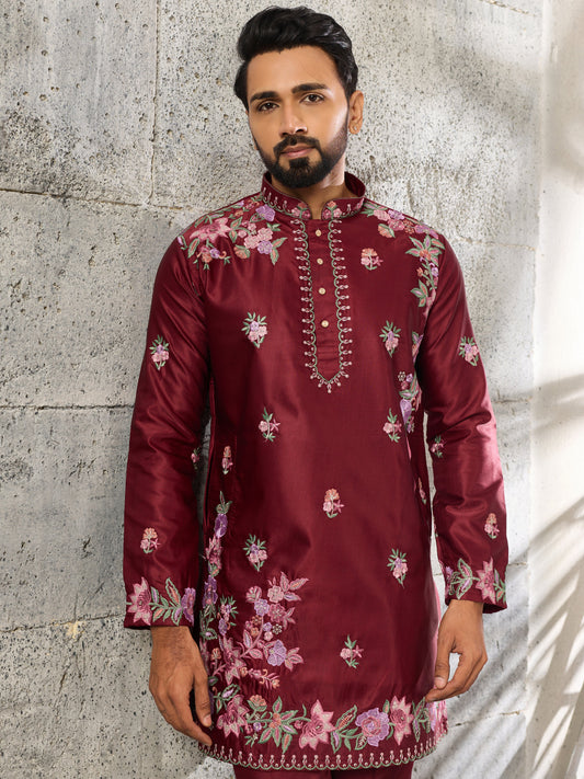 Royal Maroon Silk Thread Embroidered Kurta Set