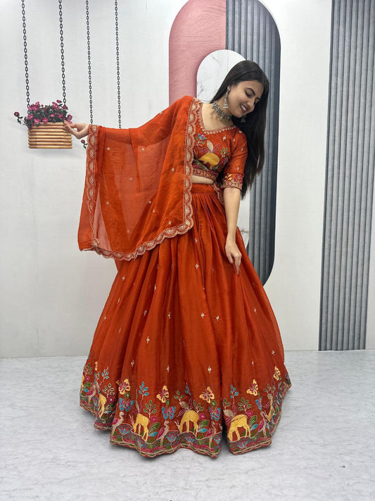 Festive Moss Shimmer Embroidered Lehenga Choli Set with Dupatta
