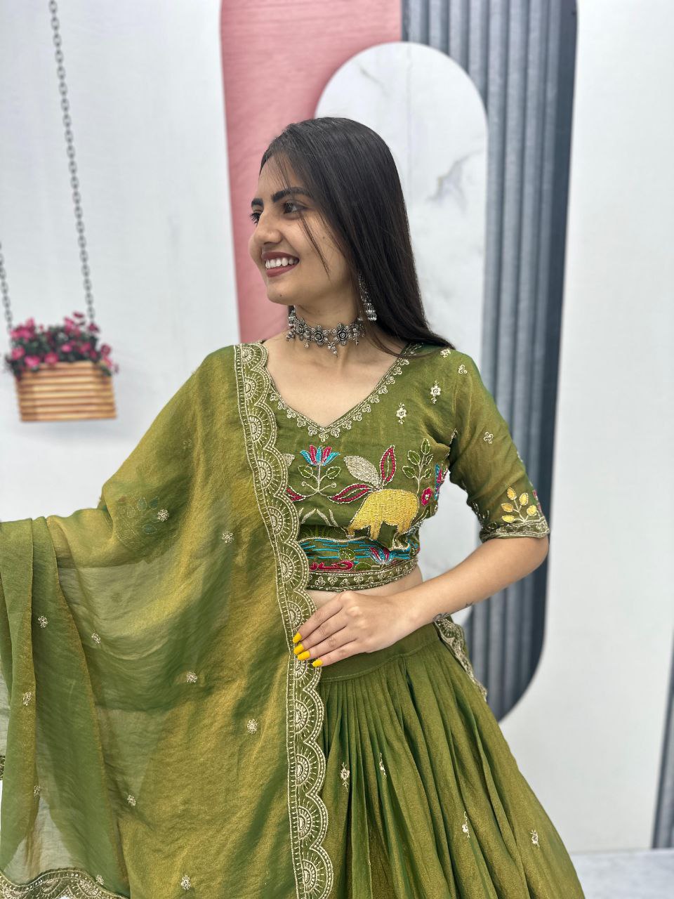 Festive Moss Shimmer Embroidered Lehenga Choli Set with Dupatta