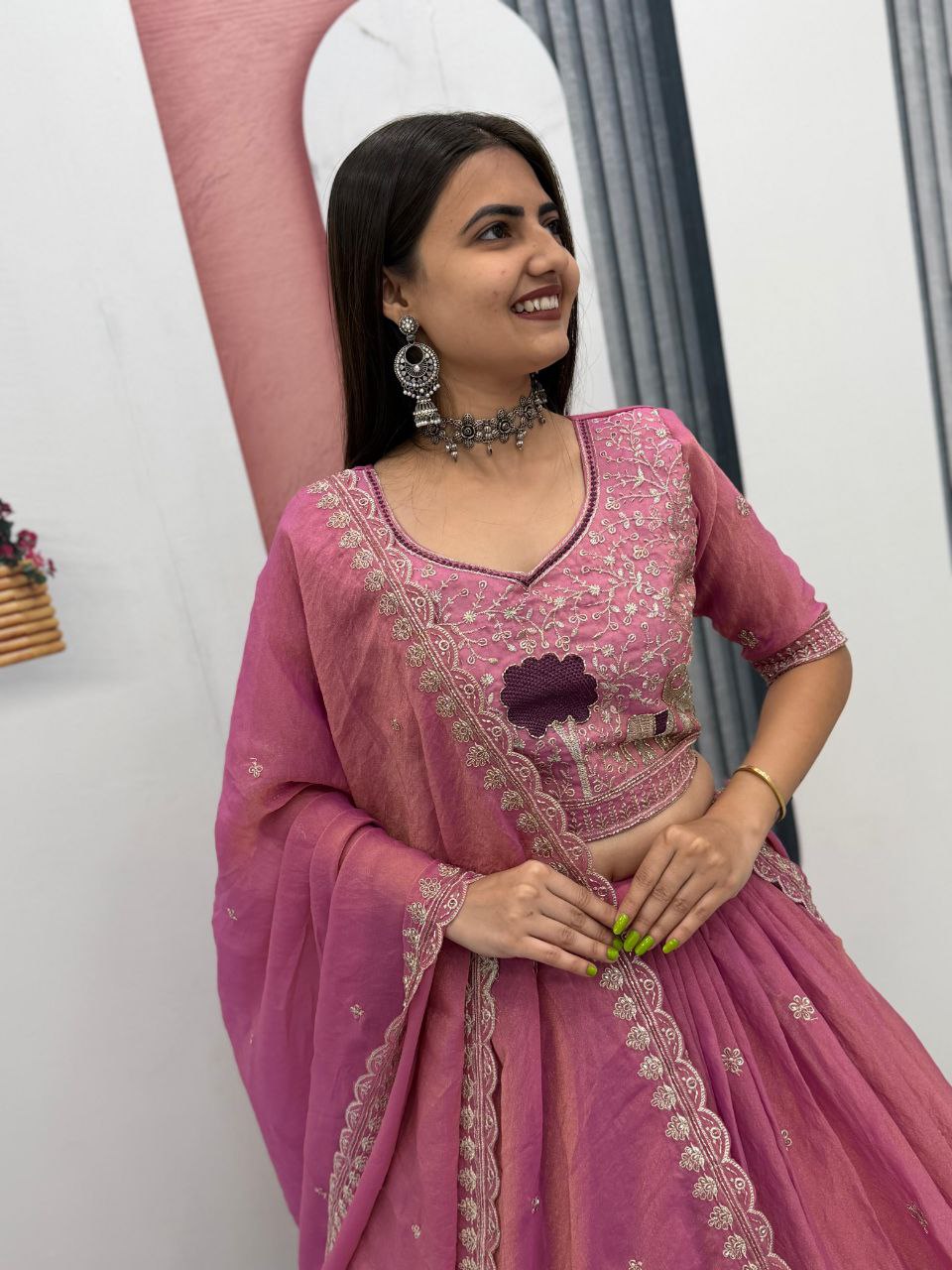 Heavy Thread Embroidery Moss Shimmer Fabric Lehenga Choli with Dupatta