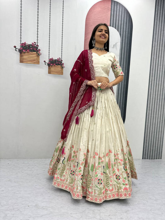 Off-White Tissue Silk Embroidered Lehenga Choli with Dupatta