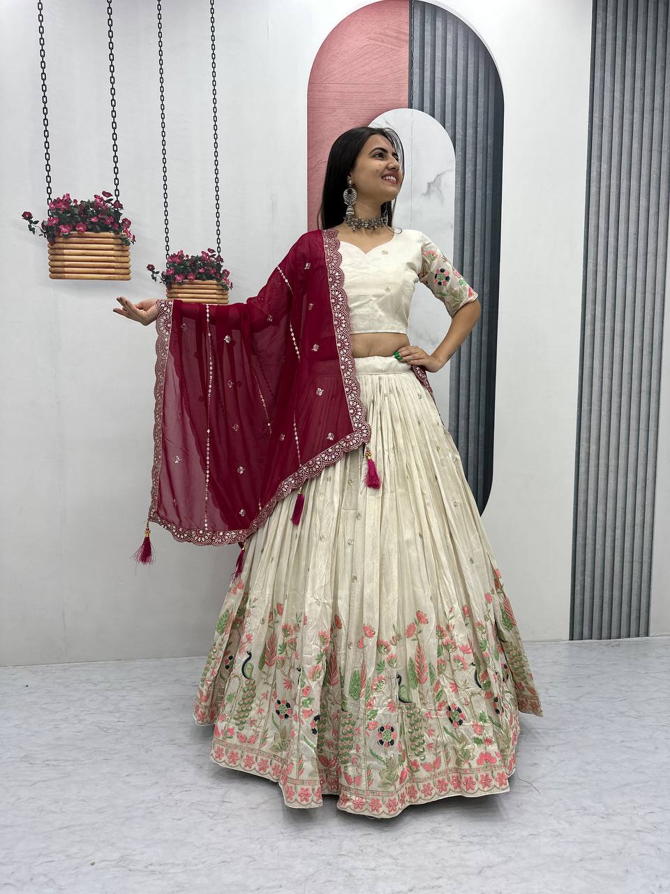 Off-White Tissue Silk Embroidered Lehenga Choli with Dupatta