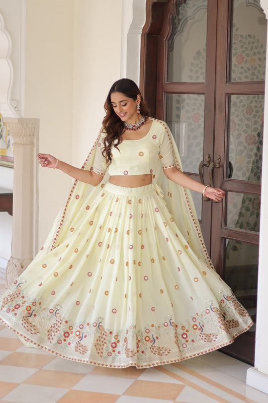 Stunning Off White Multi Embroidered Lehenga Choli Set With Dupatta