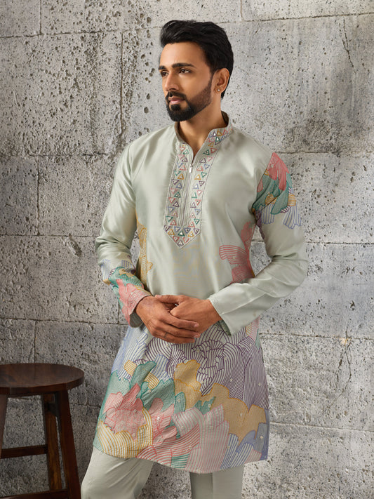 Pastel Pista Green Soft Silk Festive Kurta Set For Mens Wear