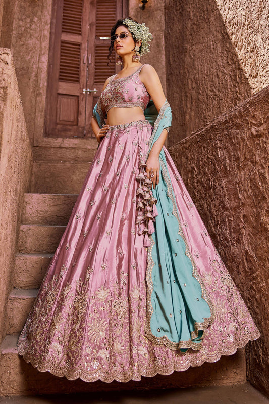 Luxury Pink Art Silk Floral Dori Sequins Embroidered Wedding Lehenga Choli