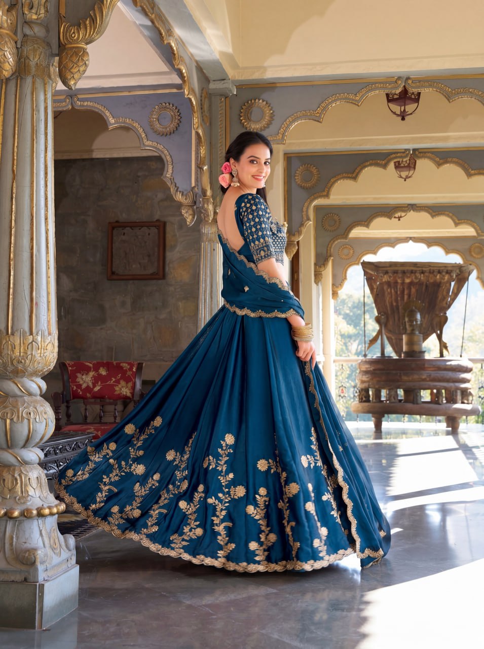 Premium Rangoli Silk Heavy Zari Dori Sequins Embroidered Lehenga Set with Cutwork Dupatta