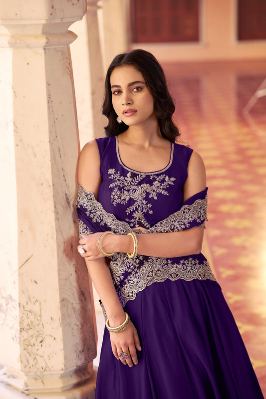 Festive Wear Purple Rangoli Silk Embroidered Lehenga Set with Dupatta
