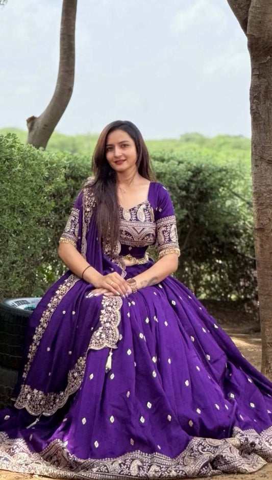 Elegant Purple Fox Georgette Lehenga with Intricate Thread Work