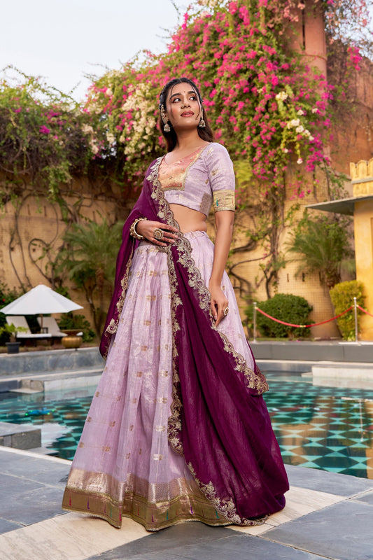 Light Purple Slub Kota Jacquard Border Lehenga Choli for Festive Wear