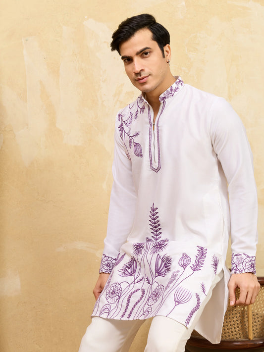 Regal Khadi Silk White Kurta with Purple Thread Work