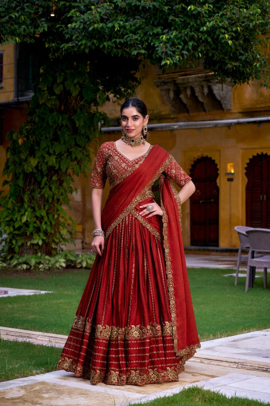 Red Orange Rangoli Crush Designer Sequins With Tread Embroidered Wedding Lehenga Choli