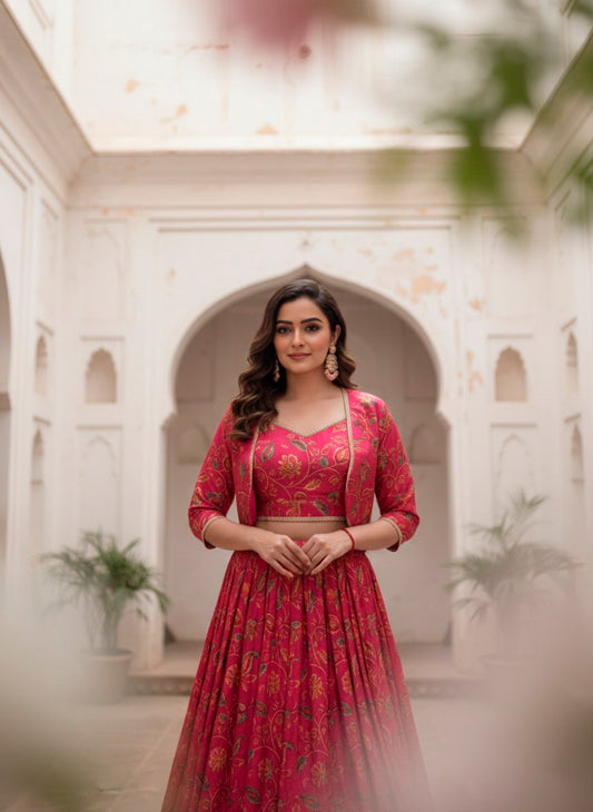 Traditional Red Tasar Silk Floral Print & Gota Patti Lehenga Choli Set