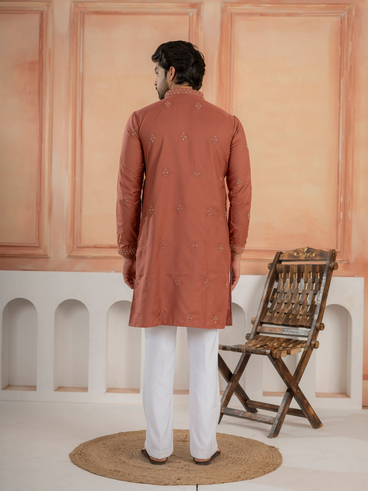 Rust Orange Festive Wear Soft Cotton Val-Moti Butta Work Kurta Set