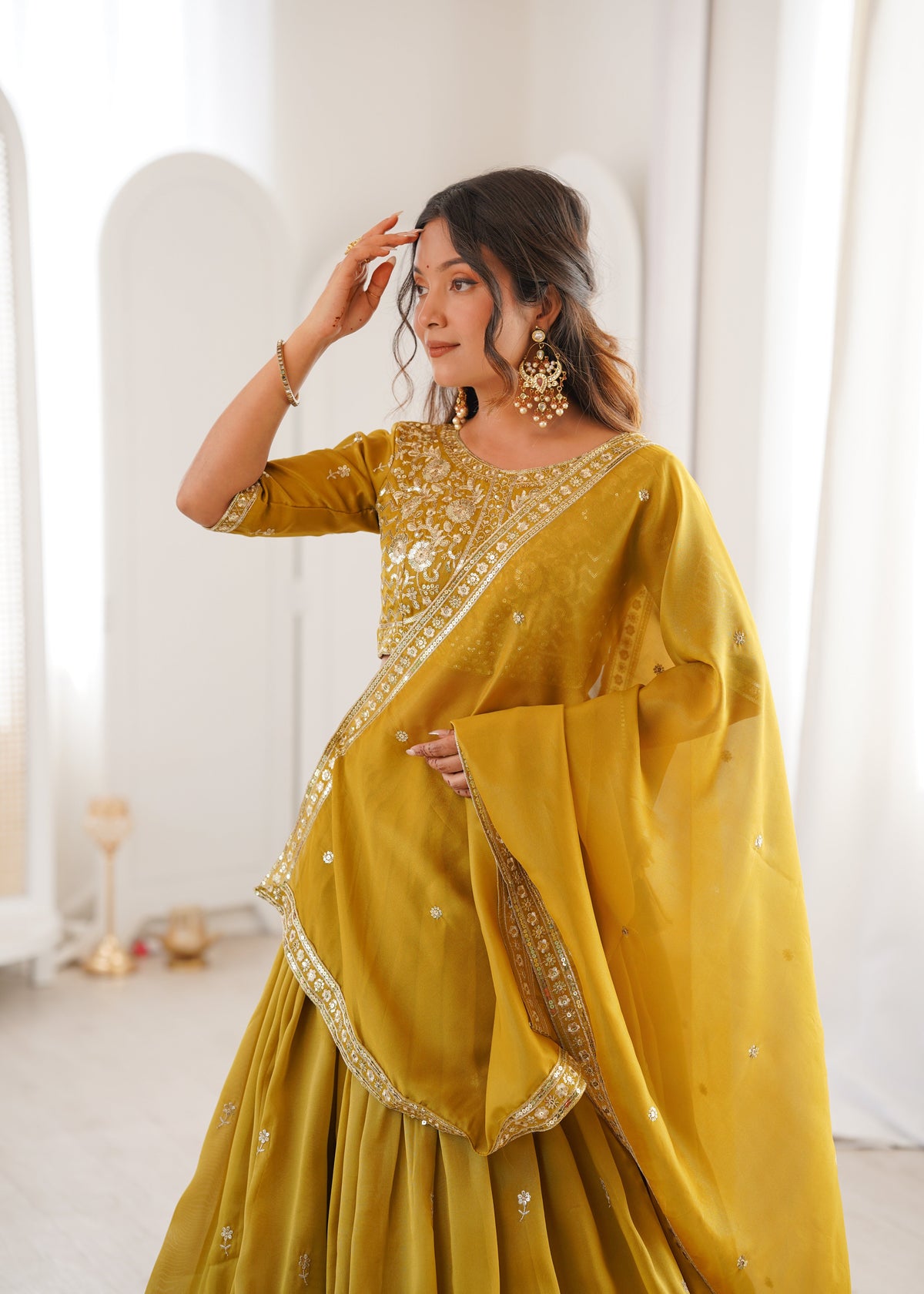 Ethnic Yellow Shimmer Silk Thread Sequence Work Lehenga Choli Set