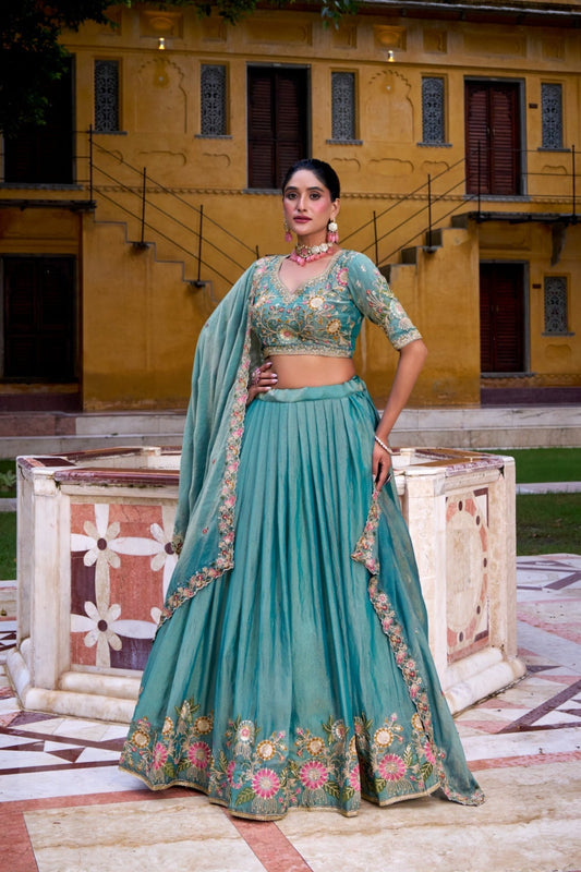 Pastel Floral Zari Shimmer Sky Blue Wedding Lehenga Choli