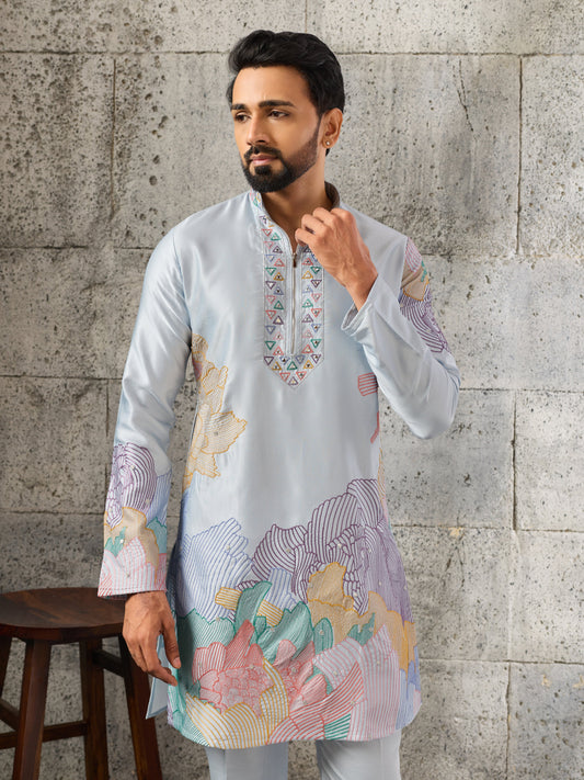 Radiant Sky Blue Soft Silk Sequence Embroidered Kurta For Men