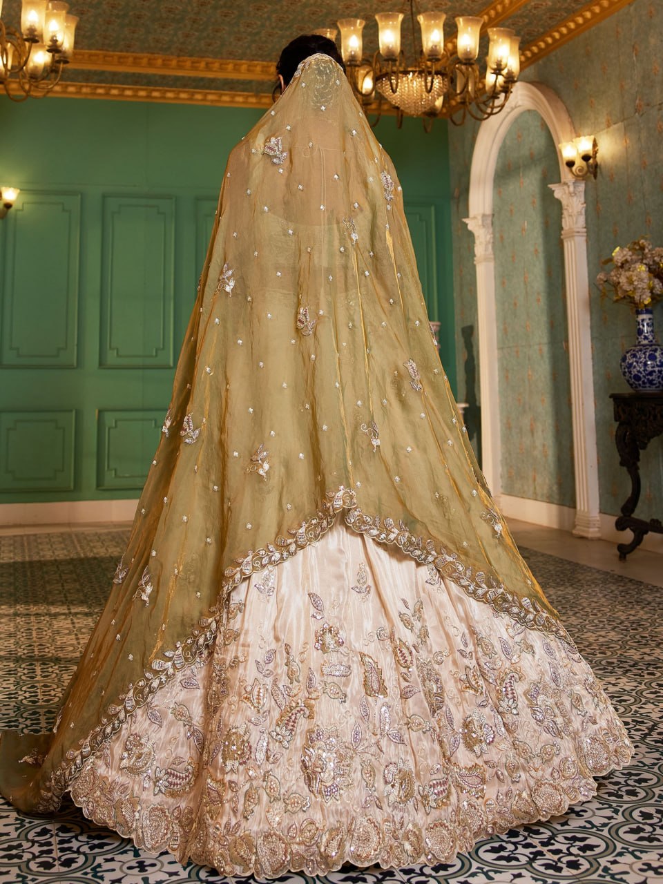 Designer Pure Tissue Dori and Sequins Work Lehenga Set with Fendi Dupatta
