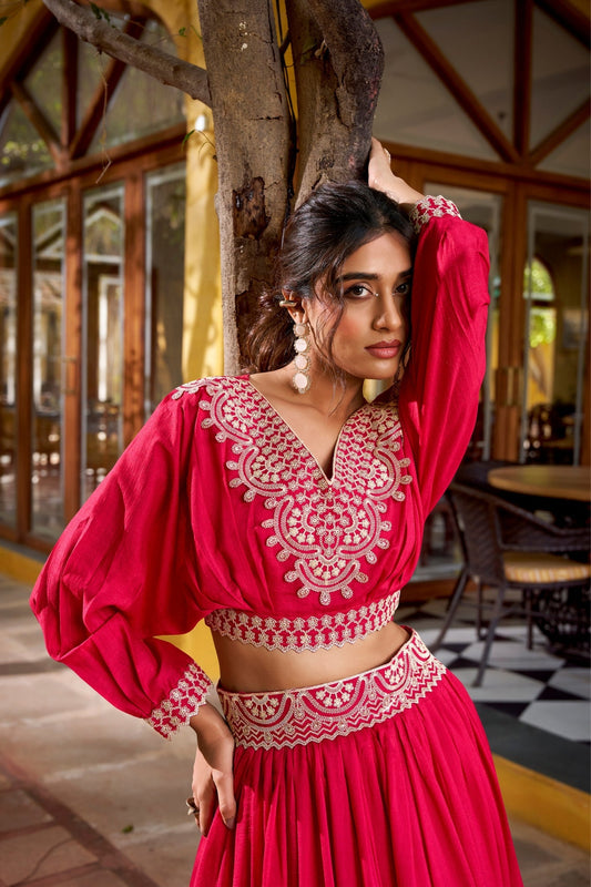 Designer Vichitra Silk Thread Embroidered Lehenga Co Ord Set