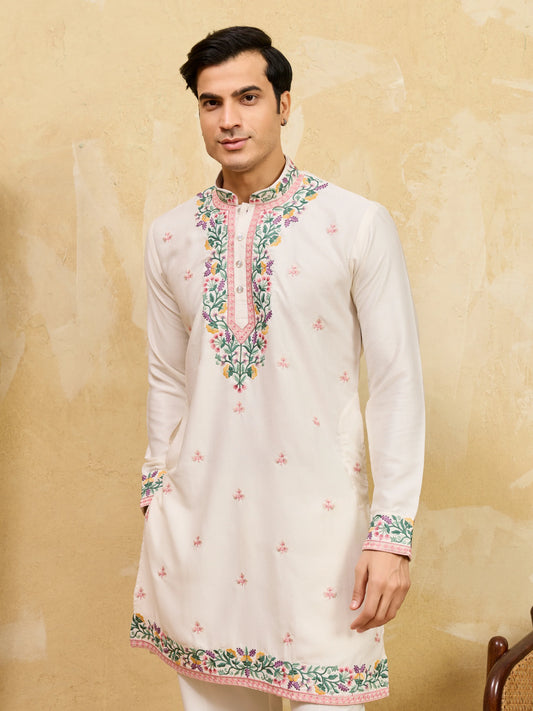 Luxury White Khadi Silk Embroidered Kurta Set For Wedding