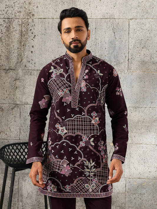 Stylish Wine Japanese Lachka Embroidered V Neack Kurta Bottom Set