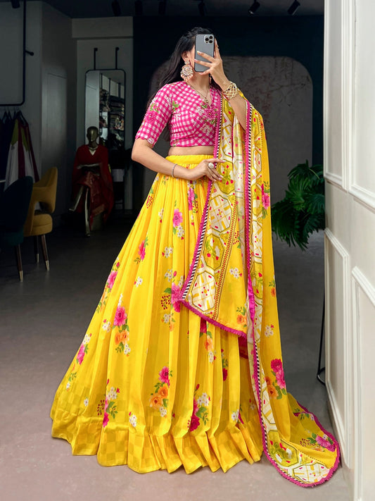 Royal Yellow Floral Print Georgette Lehenga Set for Special Occasions