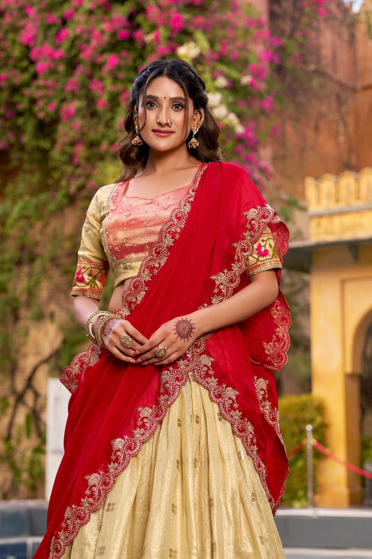 Designer Yellow Slub Kota Paithani Border Lehenga Set with NC Moss Dupatta
