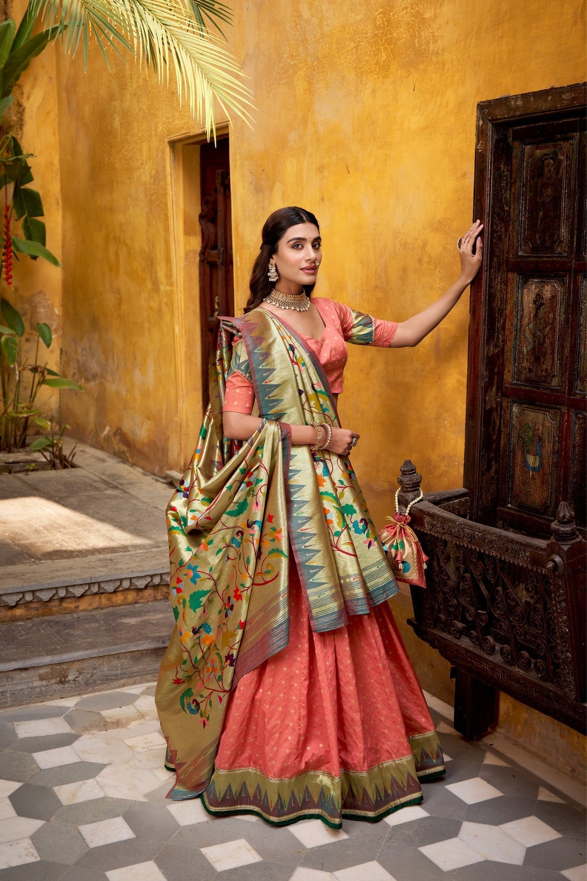 Designer Silk Paithani Lehenga Choli Set With Zari Weaving