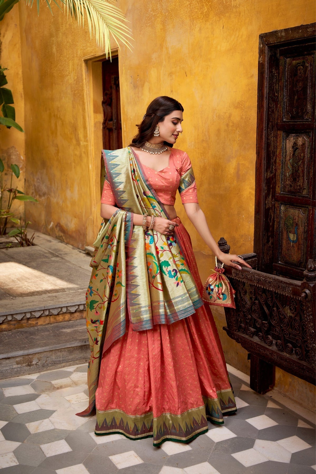 Designer Silk Paithani Lehenga Choli Set With Zari Weaving