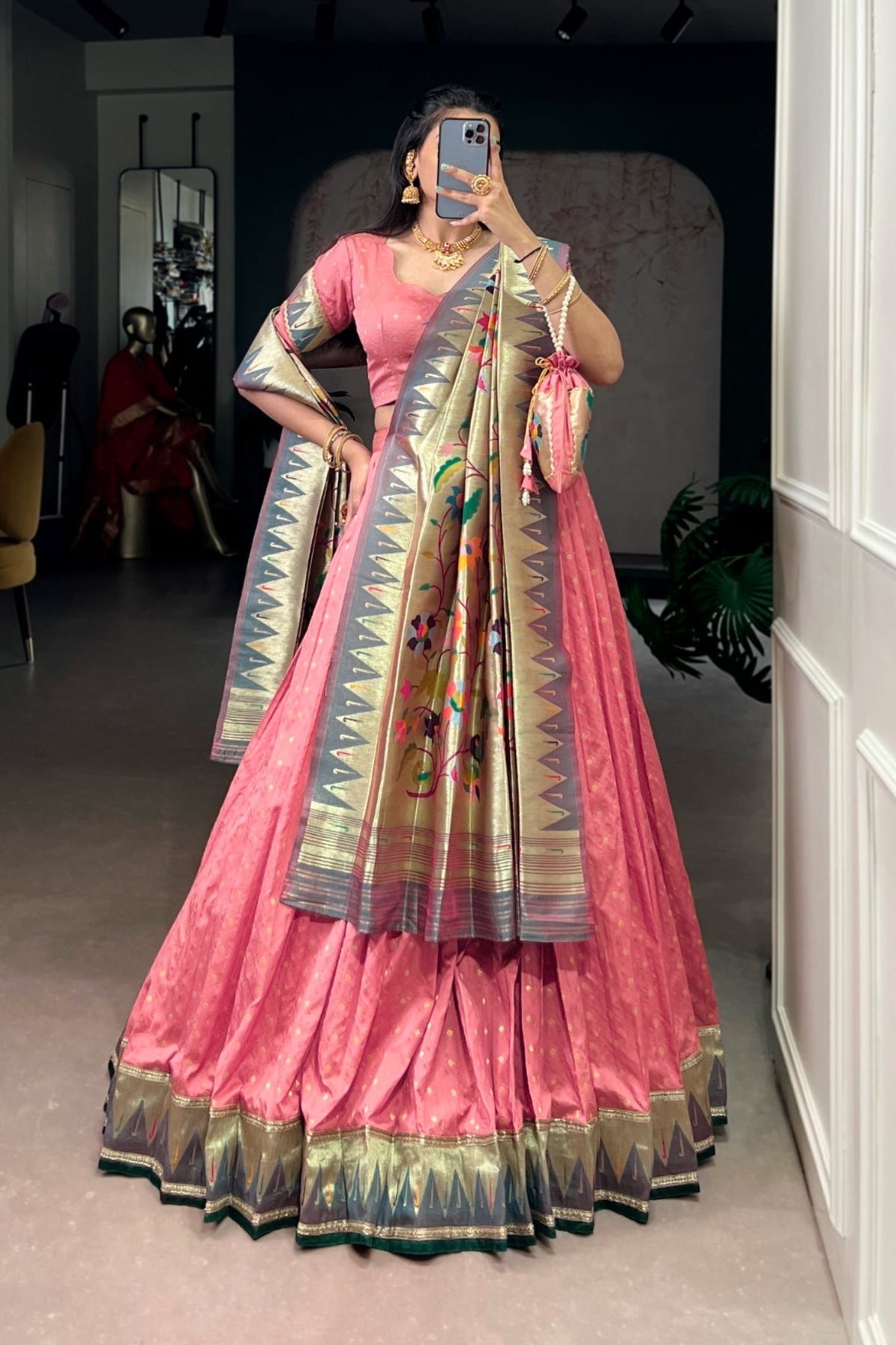 Designer Silk Paithani Lehenga Choli Set With Zari Weaving