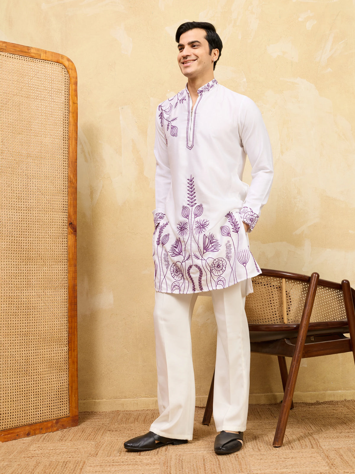 Regal Khadi Silk White Kurta with Purple Thread Work