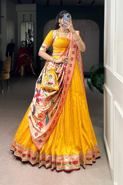 Designer Silk Paithani Lehenga Choli Set With Zari Weaving