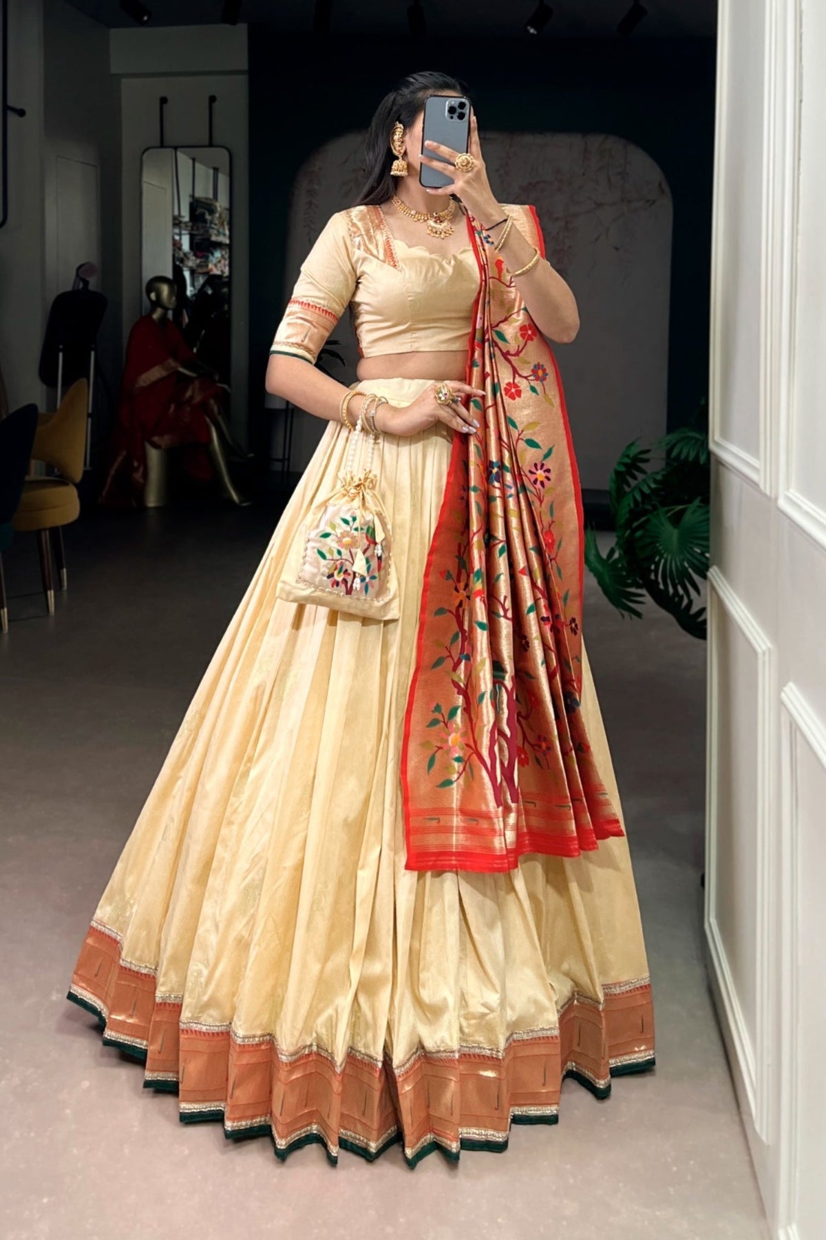 Designer Silk Paithani Lehenga Choli Set With Zari Weaving