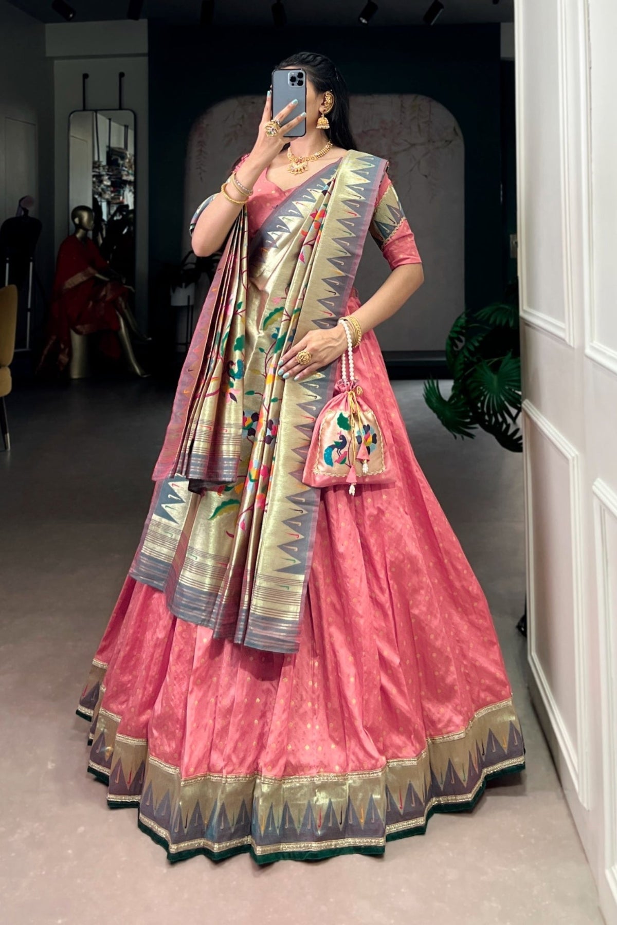 Designer Silk Paithani Lehenga Choli Set With Zari Weaving
