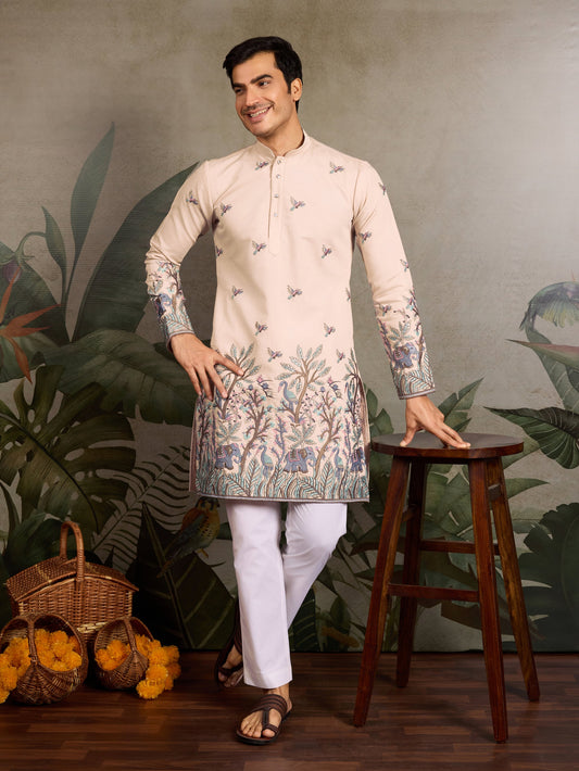 Beige Embroidered Work Beautiful Kurta for Men