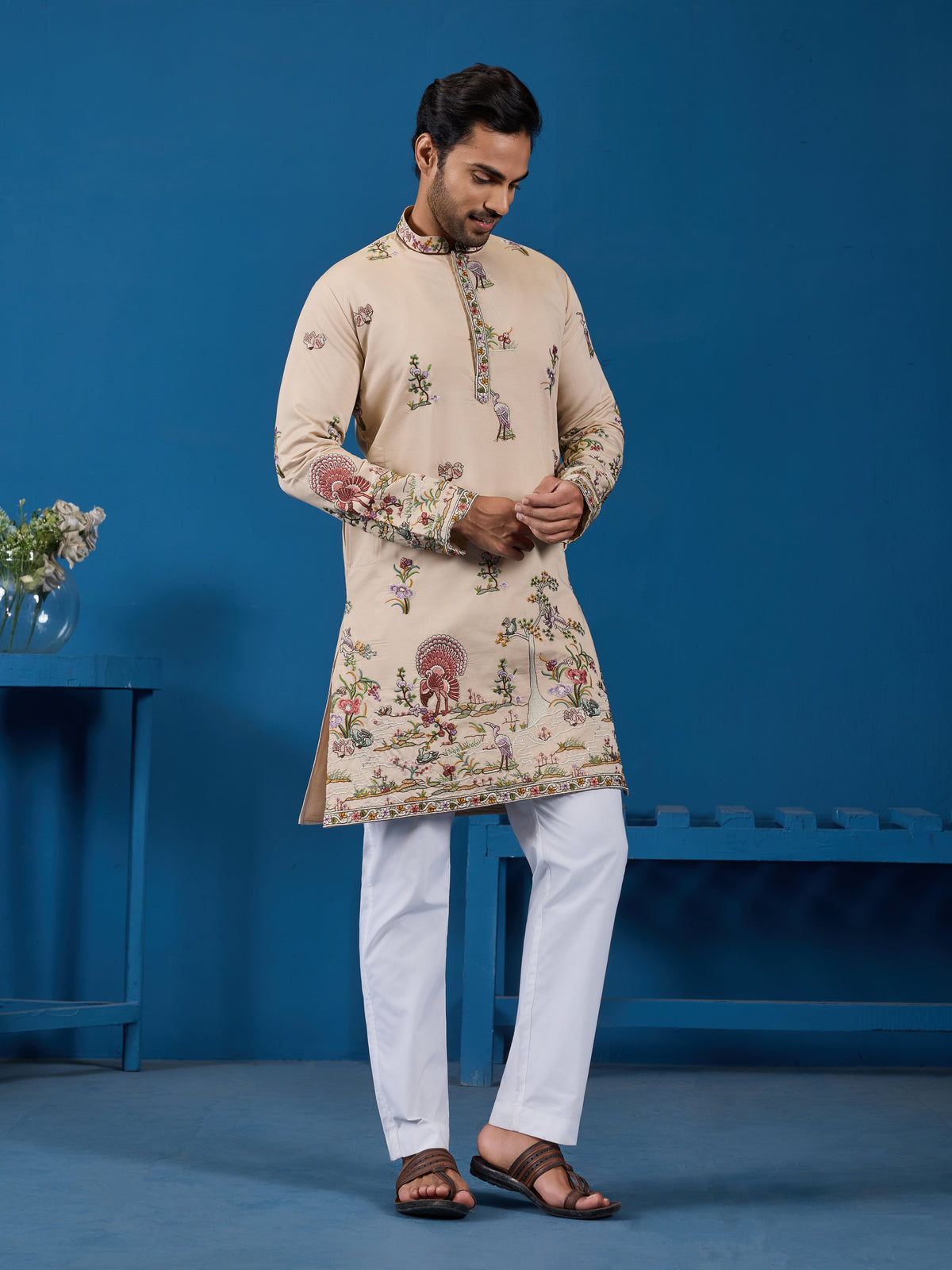 Perfect Festive Choice Beige Ethnic Kurta for Mens Wear