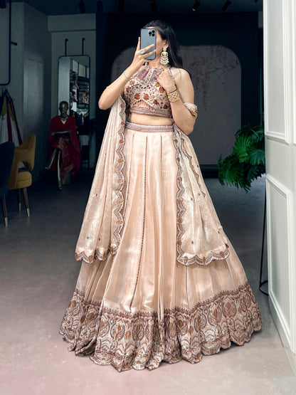 Traditional Beige Spider Crush Embroidered Lehenga Set for Special Occasions