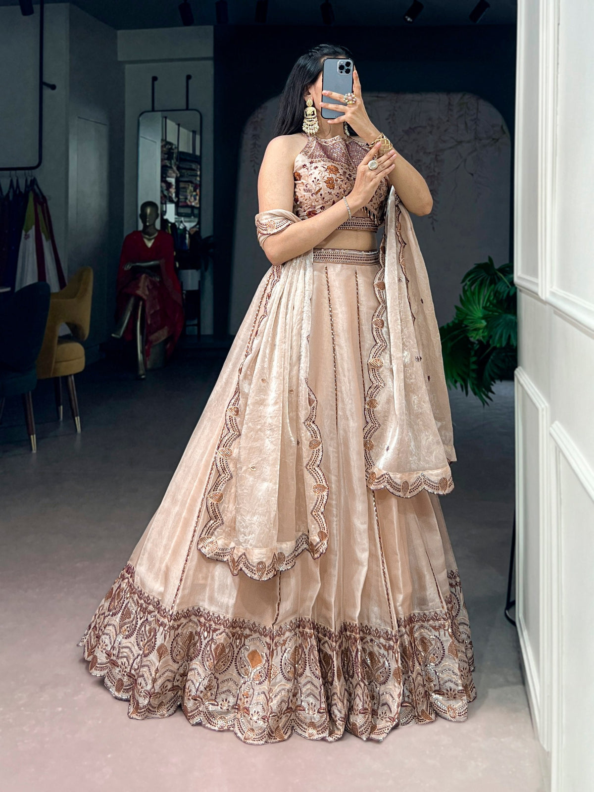 Traditional Beige Spider Crush Embroidered Lehenga Set for Special Occasions
