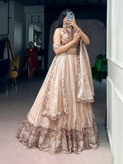 Traditional Beige Spider Crush Embroidered Lehenga Set for Special Occasions