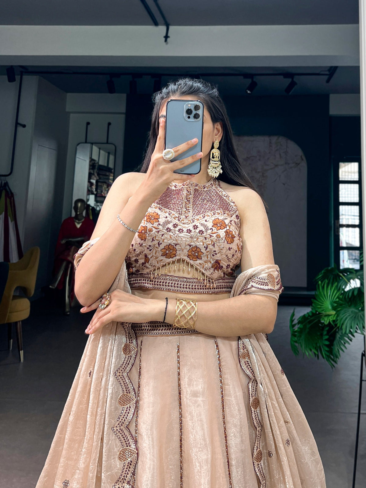Traditional Beige Spider Crush Embroidered Lehenga Set for Special Occasions