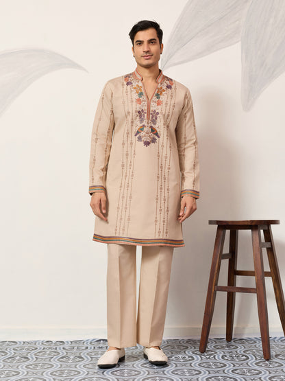 Premium Beige Embroidered V Neck Kurta Pant Set