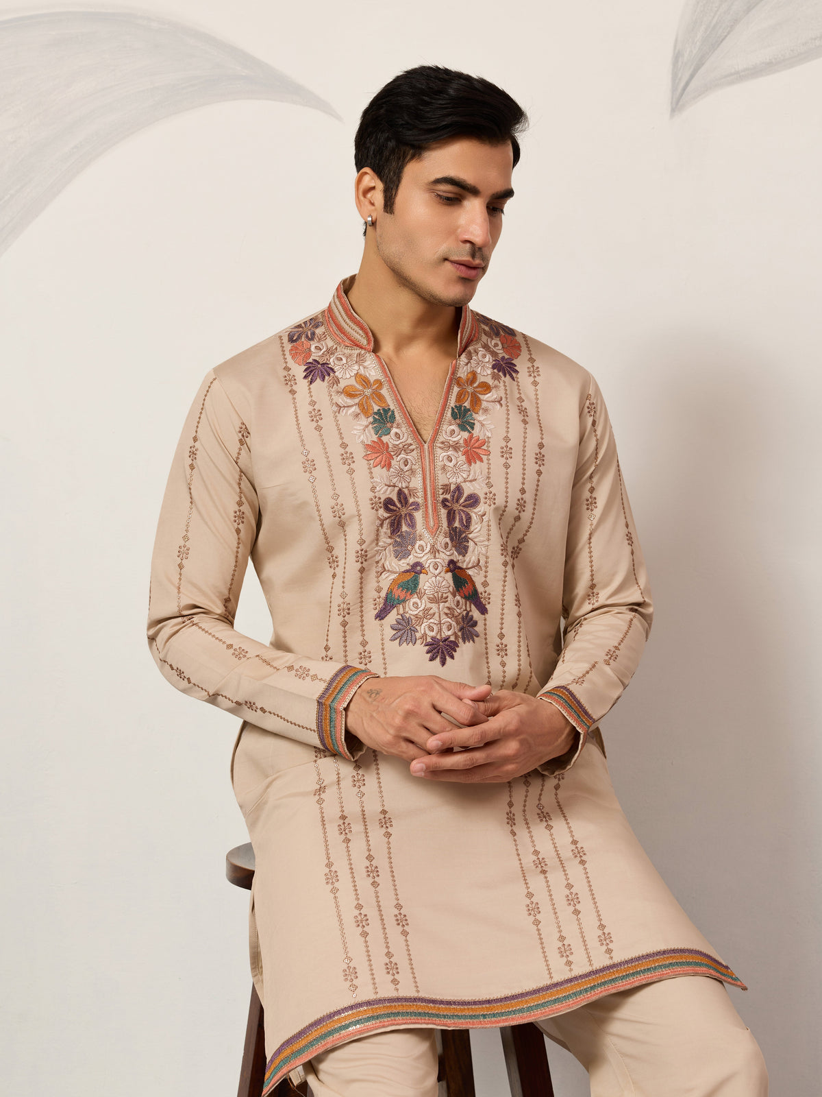 Premium Beige Embroidered V Neck Kurta Pant Set