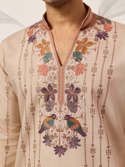 Premium Beige Embroidered V Neck Kurta Pant Set
