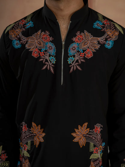 Black Armani Lachka Multicolor Embroidery Kurta & Bell Bottom Pant