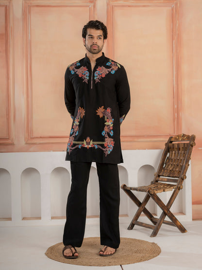 Black Armani Lachka Multicolor Embroidery Kurta & Bell Bottom Pant