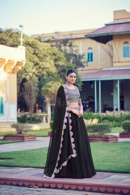 Luxury Black Aurum Georgette Heavy Flair Lehenga Collection for Women